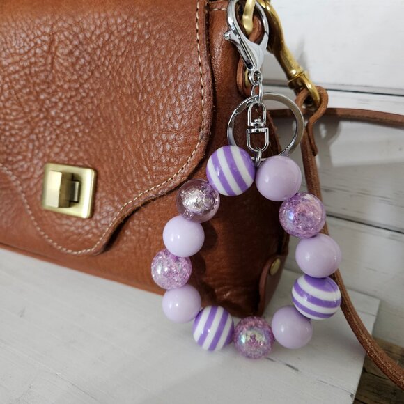 Lavender and White Silver tone Large Bead Key Chain Bag Pull - Picture 2 of 3